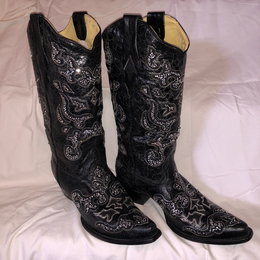 Corral Boots black leather crystal inlays EUC 10